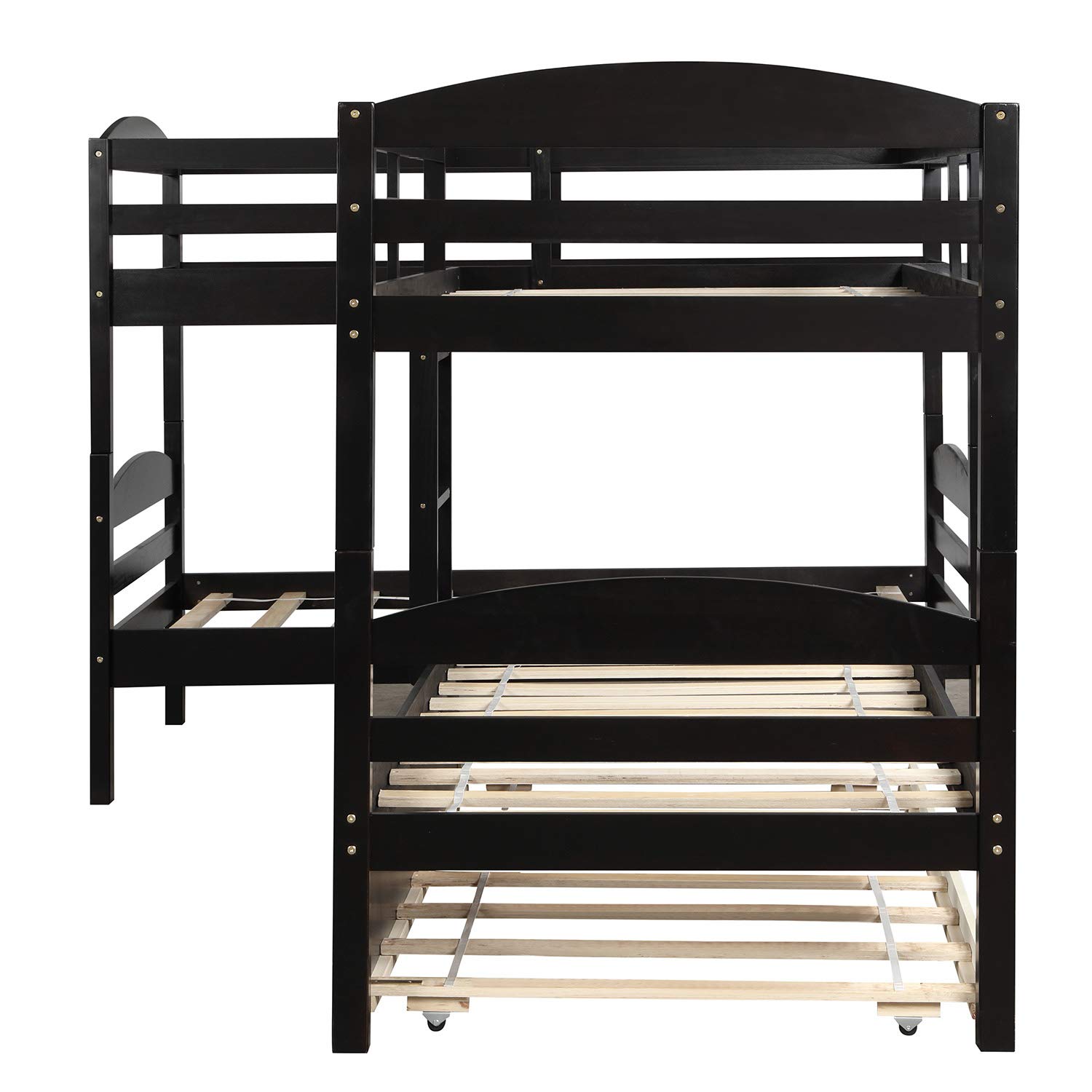 Twin Over Twin Kids Bunk Bed - Wooden L-Shaped Bunk Bed Frame with Trundle, Convertible to 2 Corner Platform Beds, Sleeps 5 Children/Teens, No Box Spring Required (Espresso Finish) - Perfect for Small Bedrooms, Guest Rooms & Shared Kids' Spaces