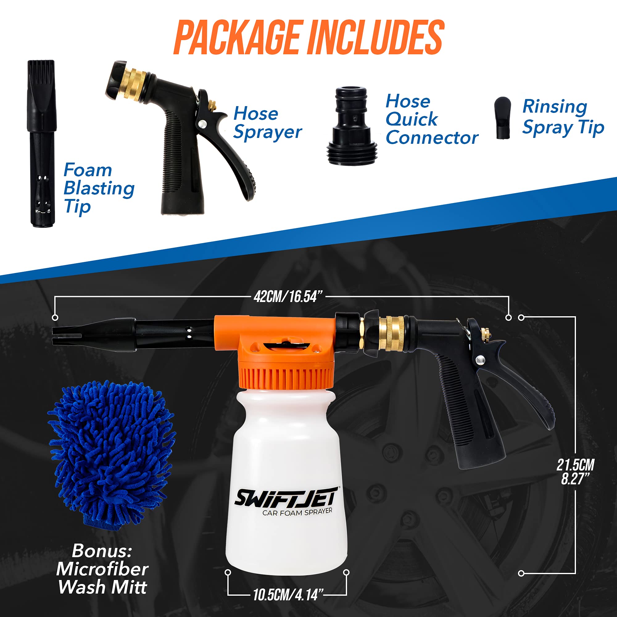 Premium SwiftJet Car Wash Foam Gun with Microfiber Mitt - High Pressure Foam Cannon Sprayer for Auto Detailing - Complete Car Wash Kit with Garden Hose Attachment - Best Car Accessories for Men & Auto Enthusiasts - Perfect for Home Car Washing, RV Cleaning & Driveway Detailing (Orange Foam Blaster with Wash Mitt)