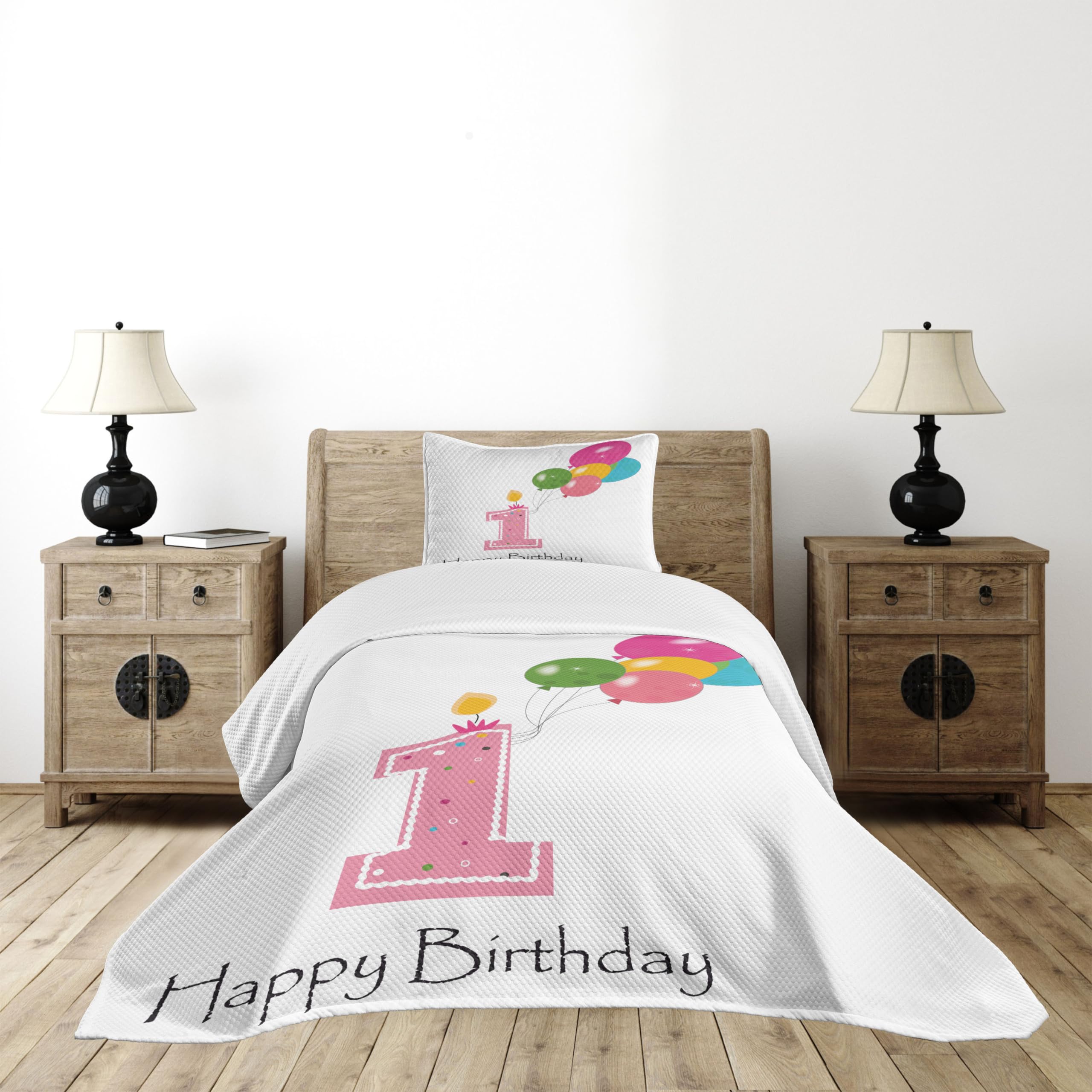 Ambesonne 1st Birthday Bedding Set - Twin Size Pink Balloon Print Bedspread with 2 Pillow Shams | 3-Piece Girl's Party Decor | Perfect for First Birthday Celebrations, Nursery Decor & Photo Backdrops