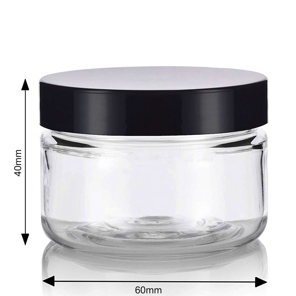 Clear Plastic Jar with Black Lid - 40 & 60g Airtight Containers for Spices, Herbs, Crafts & DIY Storage - Perfect for Kitchen, Bathroom & Office Organization