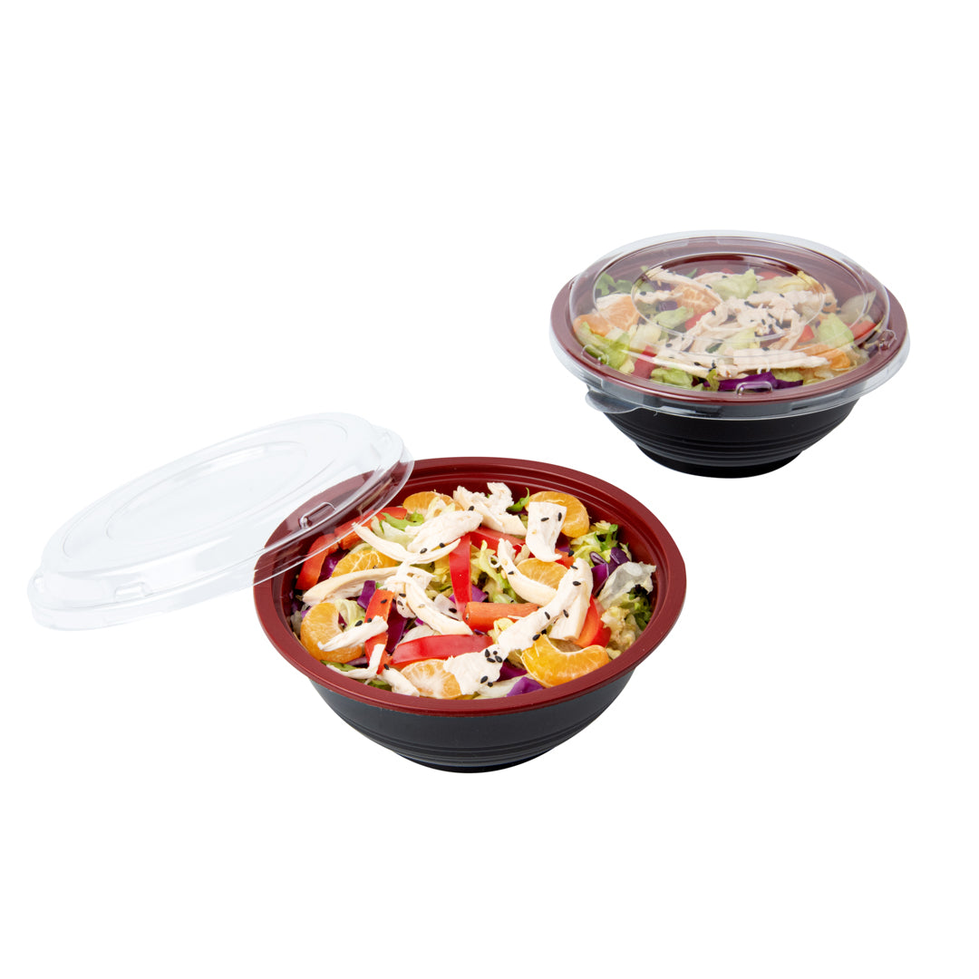 18 oz Round Black and Red Plastic Panda Bowl with Clear Lid - Microwave Safe, BPA-Free - 6 x 6 x 2.5 Inches - Bulk Pack of 200 - Perfect for Asian Restaurants, Takeout Meals, and Home Meal Prep