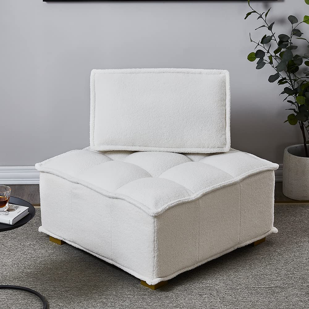 WILLIAMSPACE Modern Sectional Sofa Couch - Teddy Fabric Modular Floor Sofa Chair with Removable Back Cushions & Gold Wooden Legs, Small Couch Ottoman for Living Room, Bedroom, Apartment (White) - Perfect for Small Spaces, Lounge Relaxation and Contemporary Home Decor