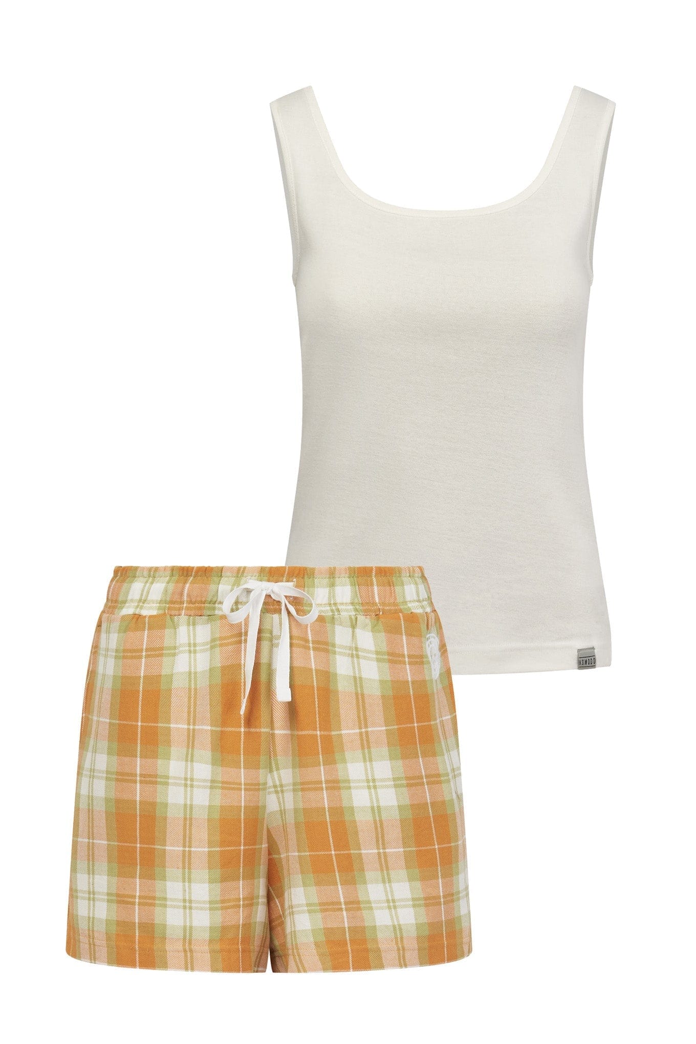 Jim Jam Organic Cotton Pajama Short Set - Breathable & Comfortable Sleepwear for Women & Men | Off White & Orange Check Plaid | Perfect for Summer Nights, Lounging & Travel