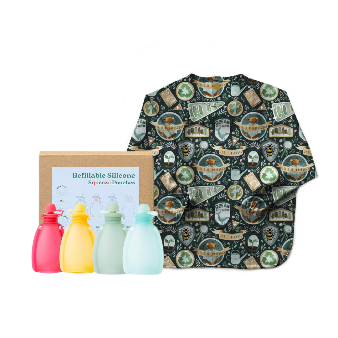 Baby Smock Bib with Reusable Food Pouches Set - Waterproof Feeding Bib & Spill-Proof Snack Bags for Toddlers, Infants & Kids - Perfect for Mealtime, Daycare & On-the-Go Snacking