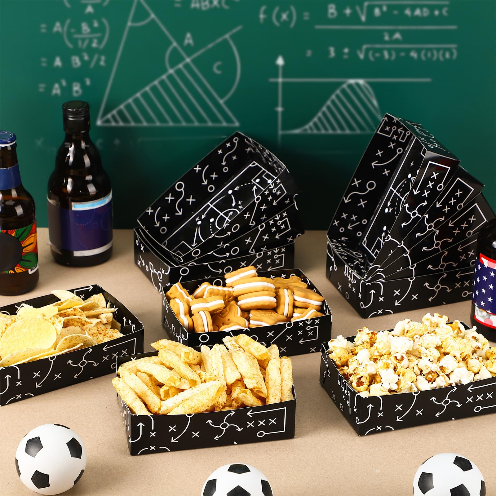 50-Pack Honeydak Football Party Supplies - Black & White Soccer Themed Paper Food Trays, Serving Boats & Dessert Plates for Super Bowl, Birthday & Sports Themed Events - Perfect for Game Day Decorations & Party Snack Serving