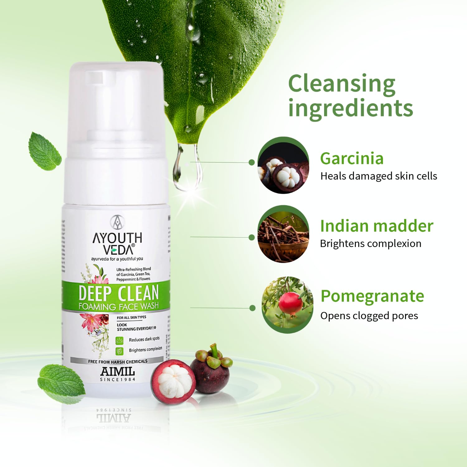 Ayouthveda Deep Clean Foaming Face Wash for Men & Women - Reduces Pigmentation & Dark Spots with Indian Madder, Garcinia & Pomegranate - 100ml Daily Cleanser for Brighter Skin | Perfect for Morning & Night Skincare Routine
