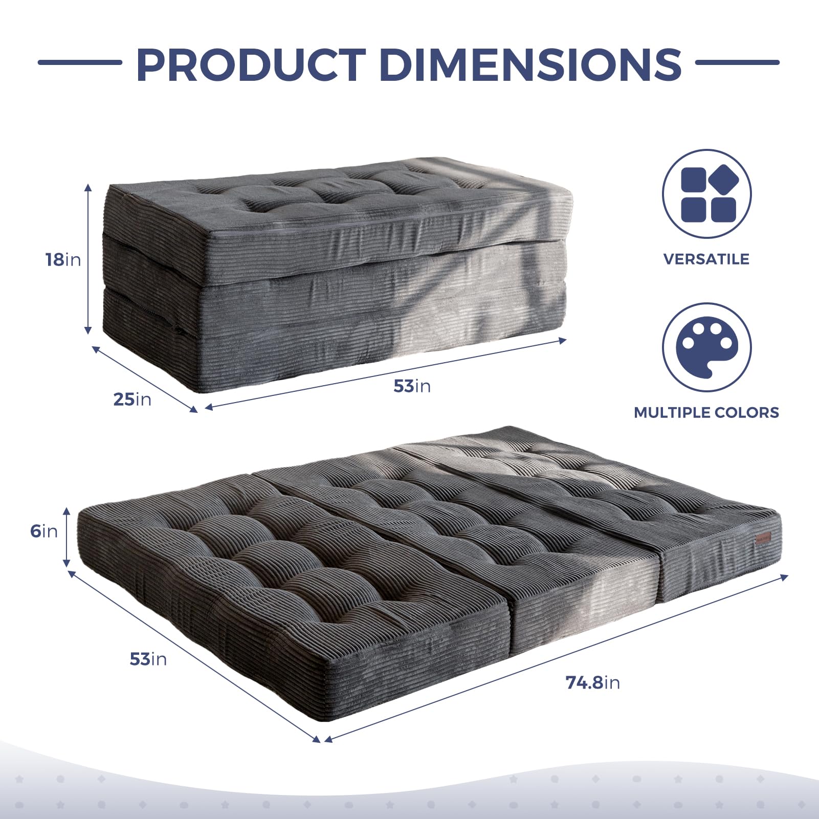 MAXYOYO 6 Inch Tri Fold Mattress - Tufted Full Foam Folding Bed with Durable Corded Fabric in Dark Grey | Perfect for Guest Beds, Camping & Small Spaces