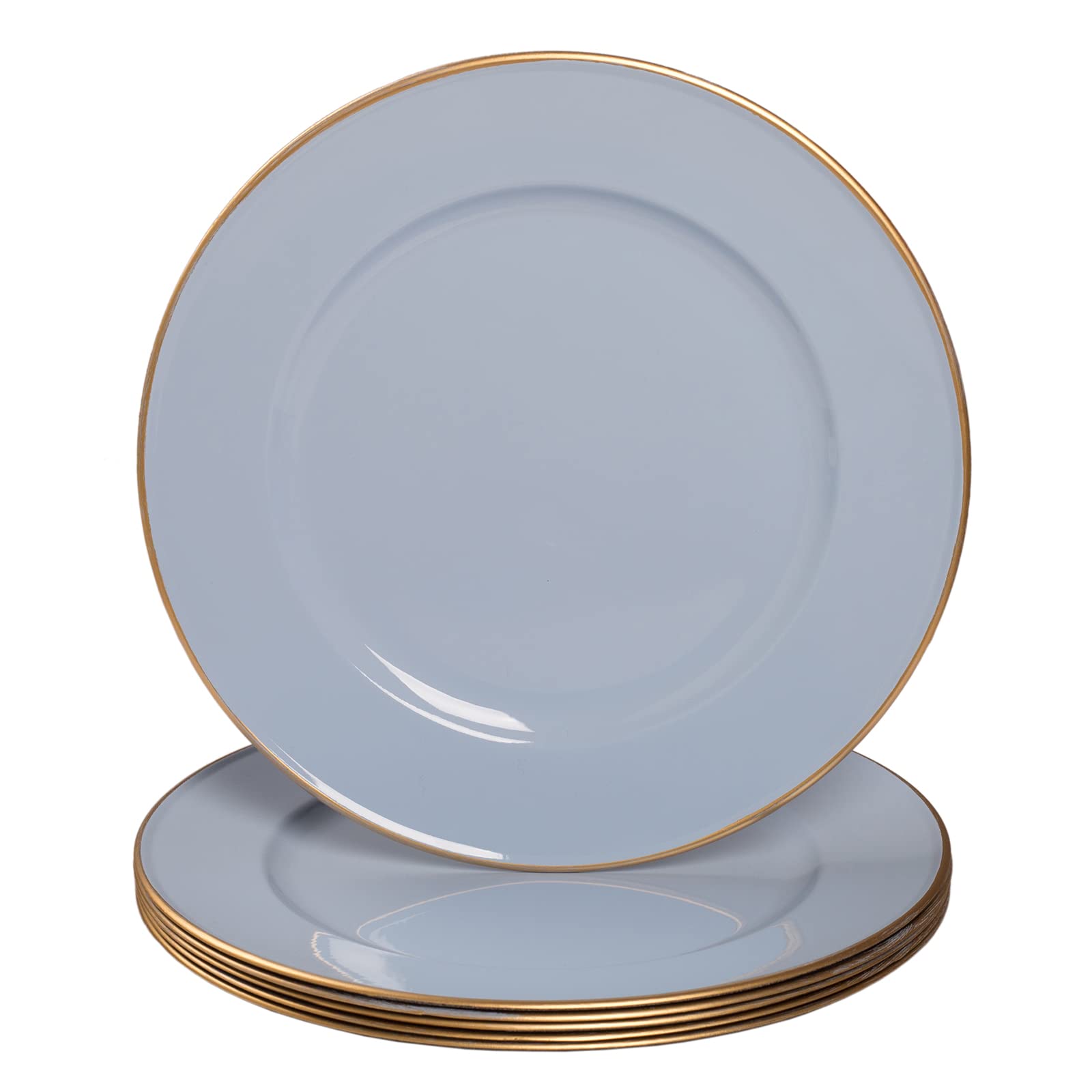 MAONAME 13 Inch Blue Plastic Charger Plates with Gold Rim - Set of 6 Round Decorative Dinner Plates for Wedding, Party, Banquet & Formal Dining Table Decor - Elegant Table Setting for Special Occasions