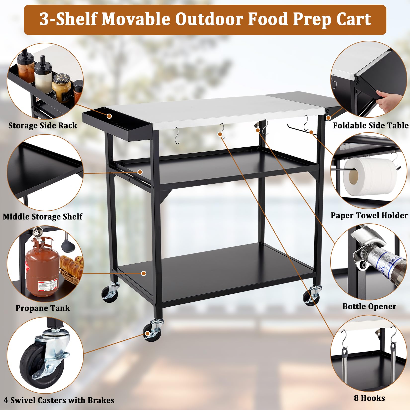 Stainless Steel Outdoor Grill Cart with 4 Wheels - Portable Pizza Oven Table, Movable Prep Station & Metal Work Table with Side Shelf & Storage Rack | Perfect for Backyard BBQ, Patio Cooking & Outdoor Entertaining