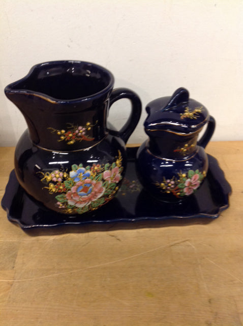 3 Piece Japanese Blue Floral Pitcher and Tray Set - Elegant Tea Serving Set for Home Decor, Kitchen Accessories & Hostess Gifts