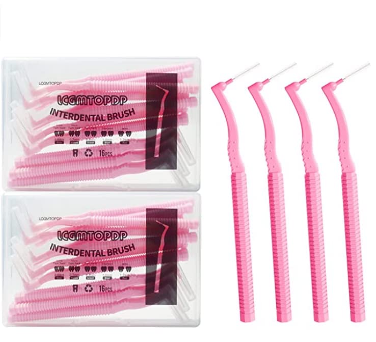 32-Pack Interdental Brushes for Teeth Cleaning - Dental Floss Picks with Angled Heads & Portable Case - Pink Oral Hygiene Brushes for Braces, Gaps & Plaque Removal - Perfect for Travel & Home Dental Care