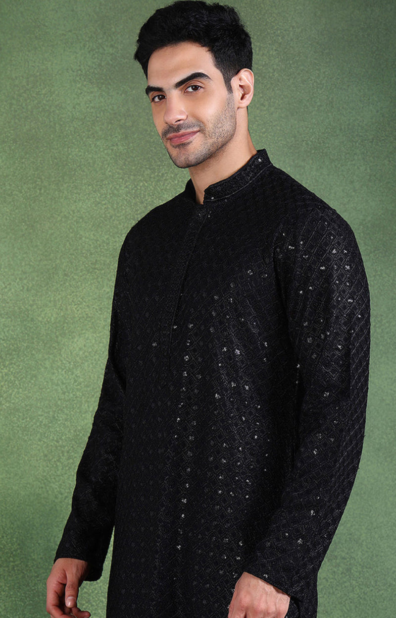 Elegant Black Chikankari Kurta for Men | Traditional Indian Embroidered Tunic | Perfect for Festivals, Weddings & Casual Wear