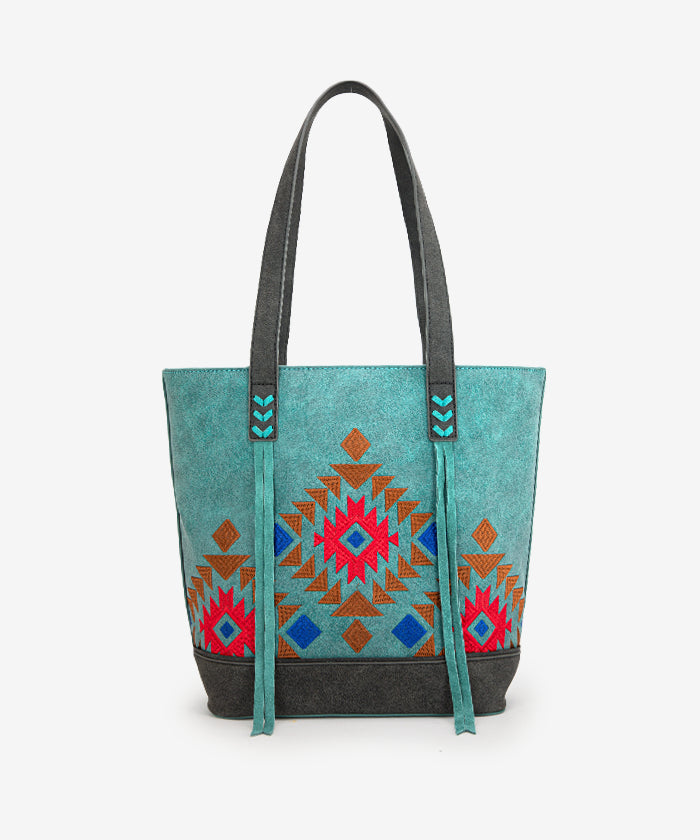 Montana West Aztec Embroidered Tote Bag Set for Women - Stylish Boho Shoulder Bag with Handmade Tribal Patterns - Perfect for Travel, Beach, Shopping & Everyday Use