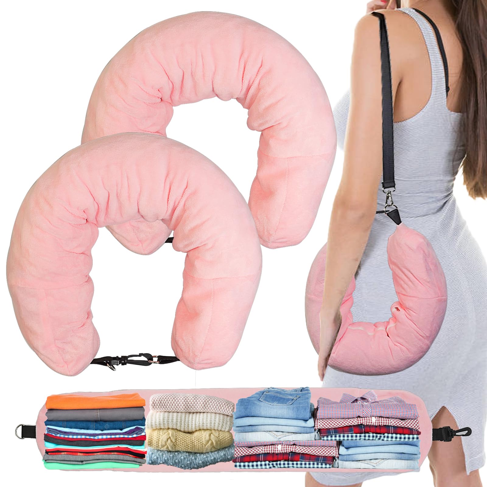 S-SNAIL-OO 2PCS Travel Pillow - Inflatable U-Shaped Neck Pillow for Airplane, Car & Camping | Stuffable with Clothes | Compact Carry-On for 3-Day Trips | Business Travel & Outdoor Accessories (Pink)