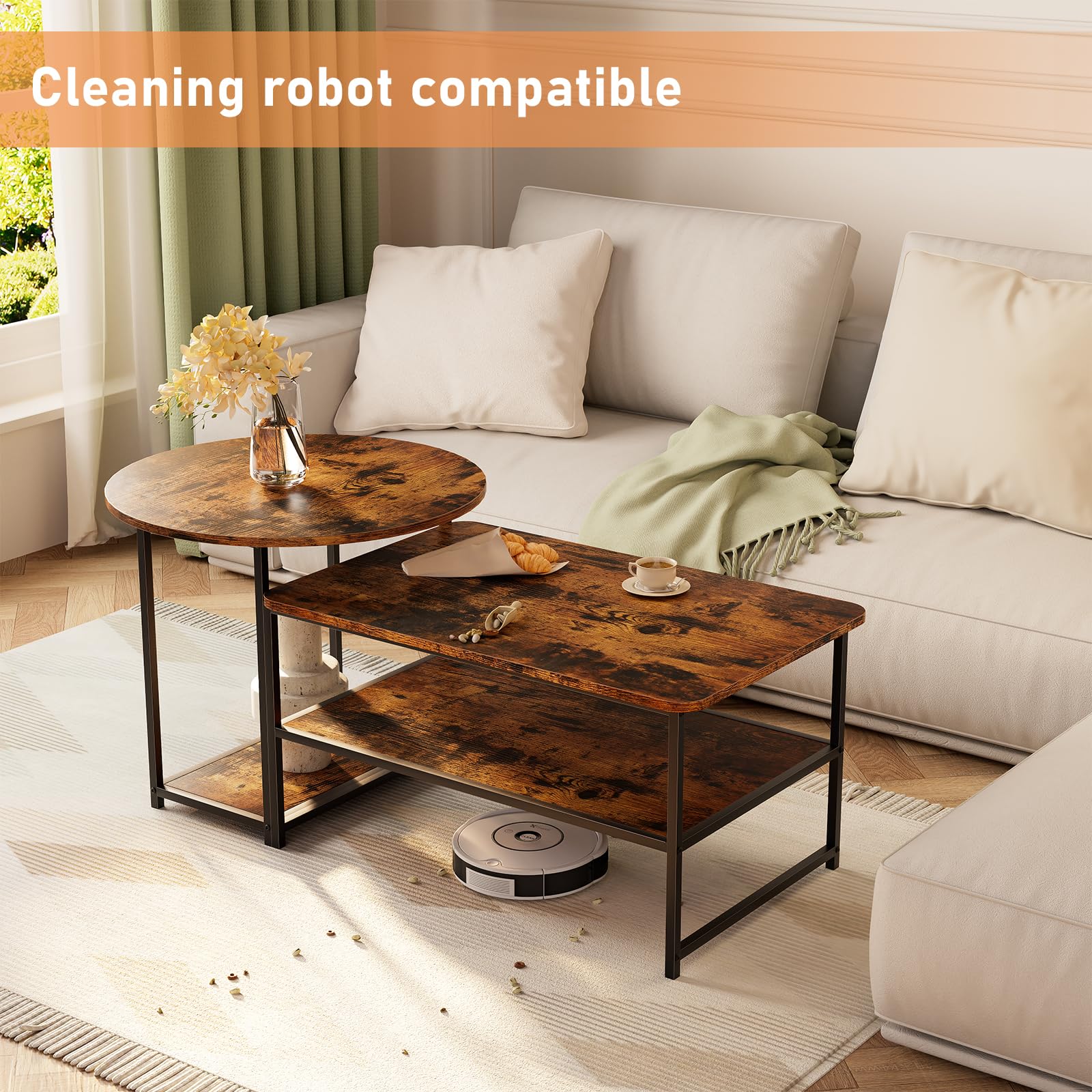 WOHOMO Mid Century Modern Coffee Table - Rustic Farmhouse Living Room Center Table with 2-in-1 Detachable Design in Brown | Perfect for Small Spaces, Apartments & Cozy Home Decor