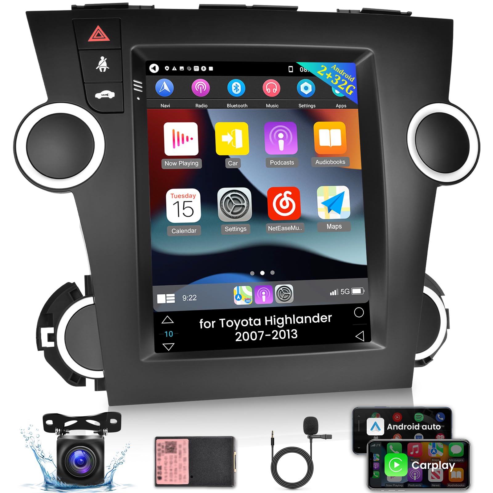 9.7 Inch Android Car Stereo for Toyota Highlander 2007-2013 - Wireless CarPlay & Android Auto, 2GB+32GB HiFi Radio with GPS/WiFi/Bluetooth + AHD Backup Camera - Perfect for Hands-Free Navigation & Entertainment