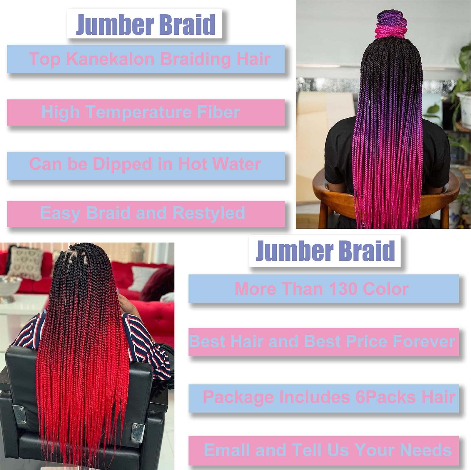 3 Packs 24 Inch Kanekalon Ombre Jumbo Braiding Hair Extensions for Women - High Temperature Synthetic Hair for Twist & Crochet Braids | Perfect for Protective Styles, Box Braids & Natural Hair Care