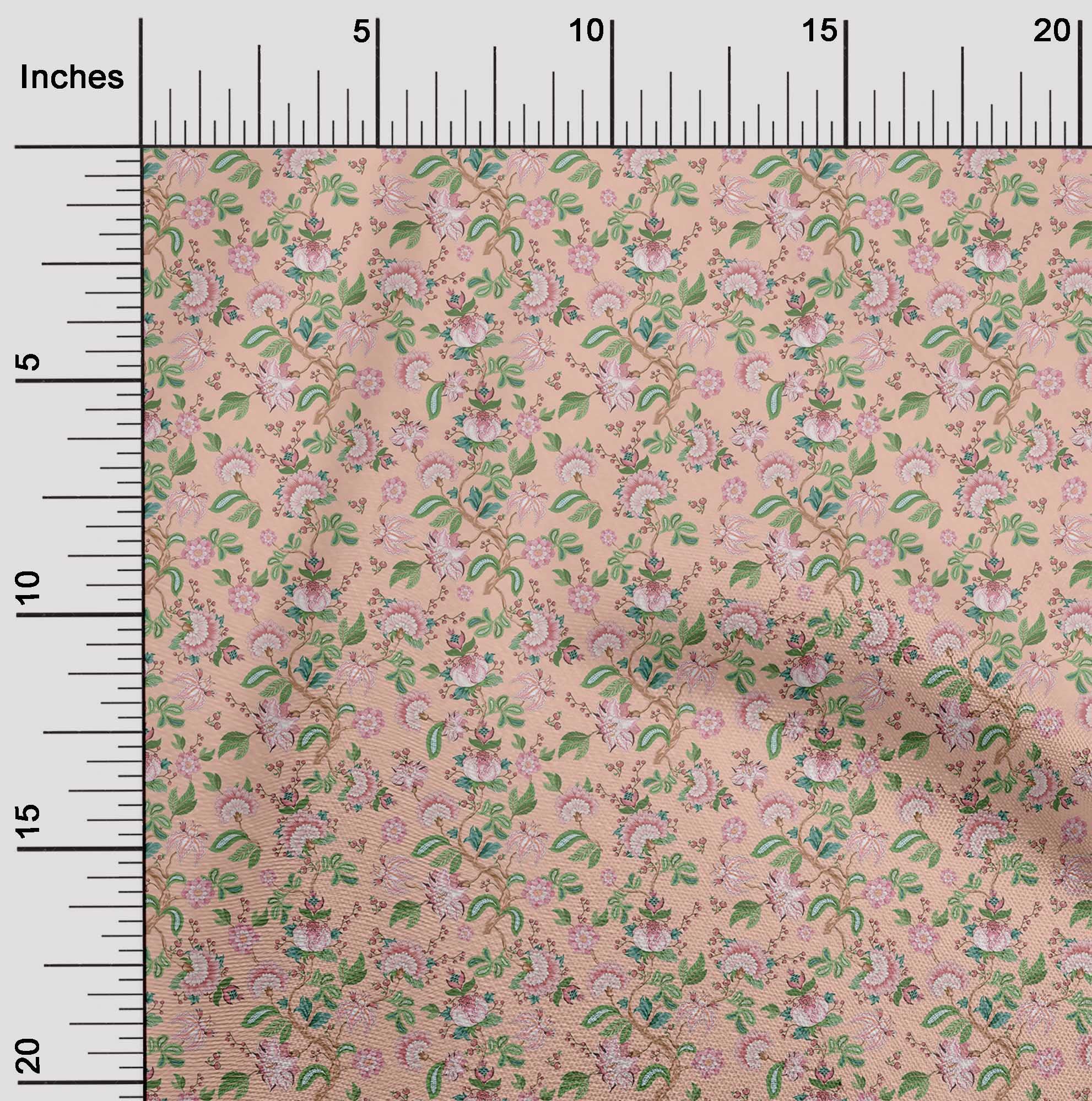 Premium 100% Cotton Poplin Fabric - Pink Salmon Jacobean Floral Print Dress Material (42