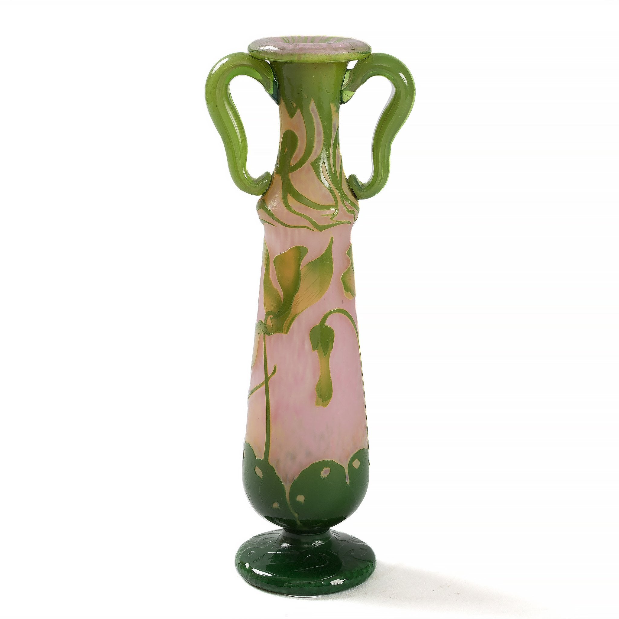 Daum Nancy Enameled & Etched Cyclamen Glass Vase with Handles - Antique French Art Nouveau Floral Decor for Home, Wedding Centerpiece, Gift for Collectors