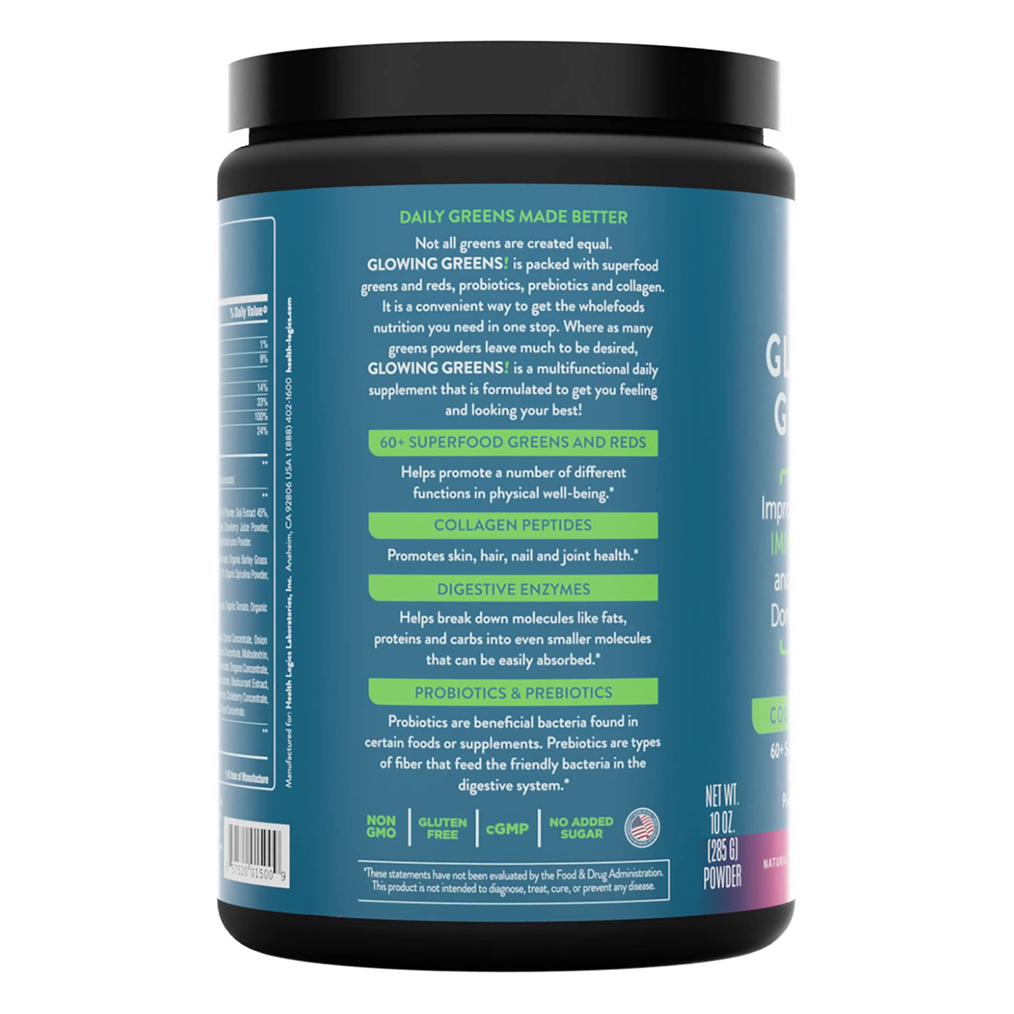 Health Logics Glowing Greens Superfood Powder with Collagen Peptides, Digestive Enzymes, Prebiotics & Probiotics - Antioxidant Rich Supplement for Wellness, Immune Support & Gut Health | Perfect for Smoothies, Shakes & Daily Nutrition Boost