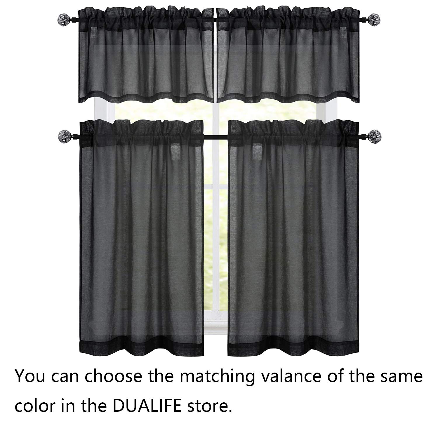 Black Sheer Kitchen Curtains 36 Inch Length - Tier Cafe Curtains with Rod Pocket, Linen-Look Semi-Sheer Drapes for Privacy - Perfect for Basement, Bathroom & Small Windows (34x36 Inch) - Ideal for Kitchen Decor, Coffee Shops & Cozy Home Spaces