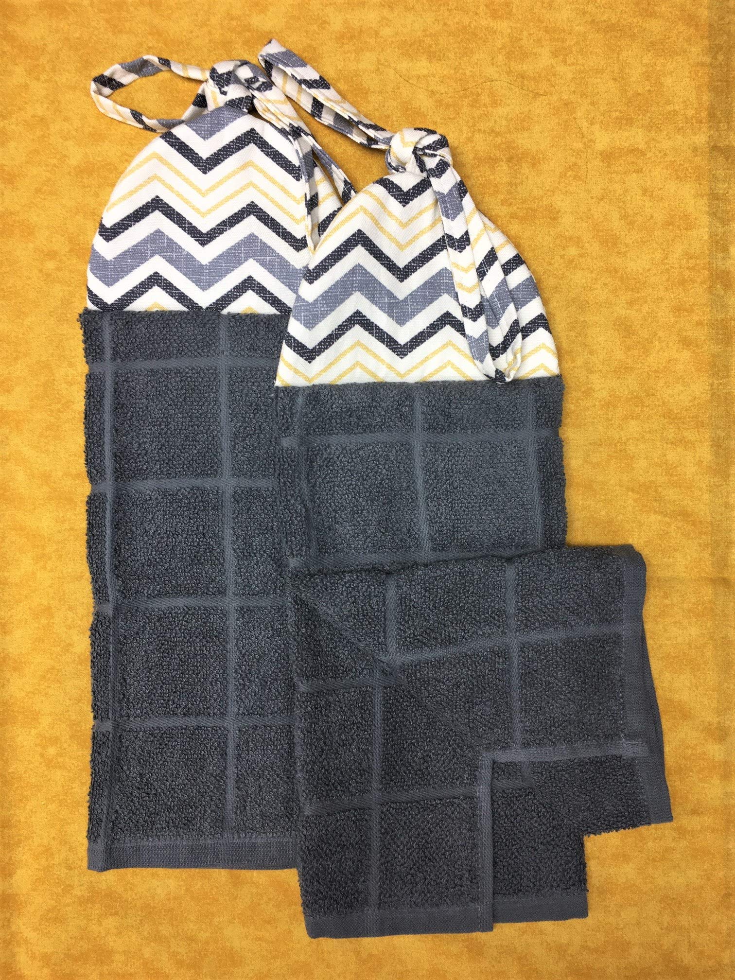2-Pack Chevron Kitchen Towels - Gray, Yellow & Black Stripes - Stay-Put Hanging Loop - Absorbent Dish Towels for Cooking, Cleaning & Decor