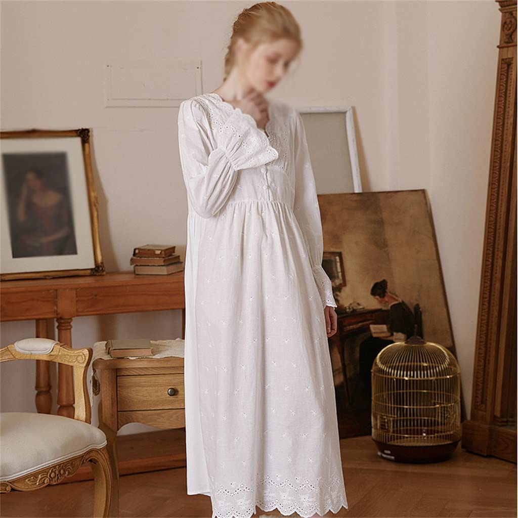 GYZCZX Women's Long Cotton Nightgown - Vintage Lace V-Neck Sleepwear for Autumn (White, Size M) | Cozy Retro Princess Nightgown for Relaxing Evenings & Romantic Bedtime
