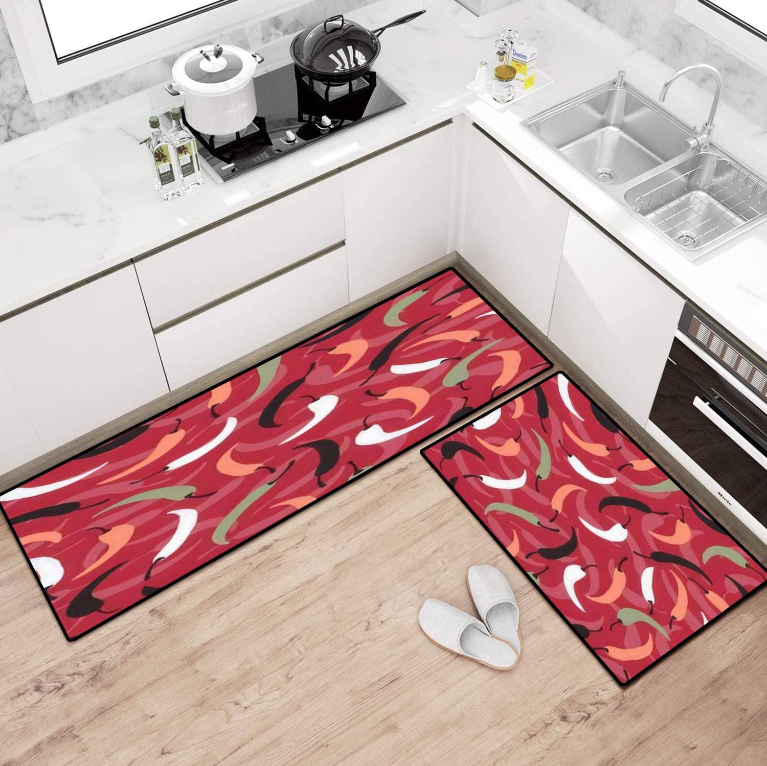 Non-Slip Kitchen Rug Set - Red Chili Print Washable Floor Mat for Cooking & Decor