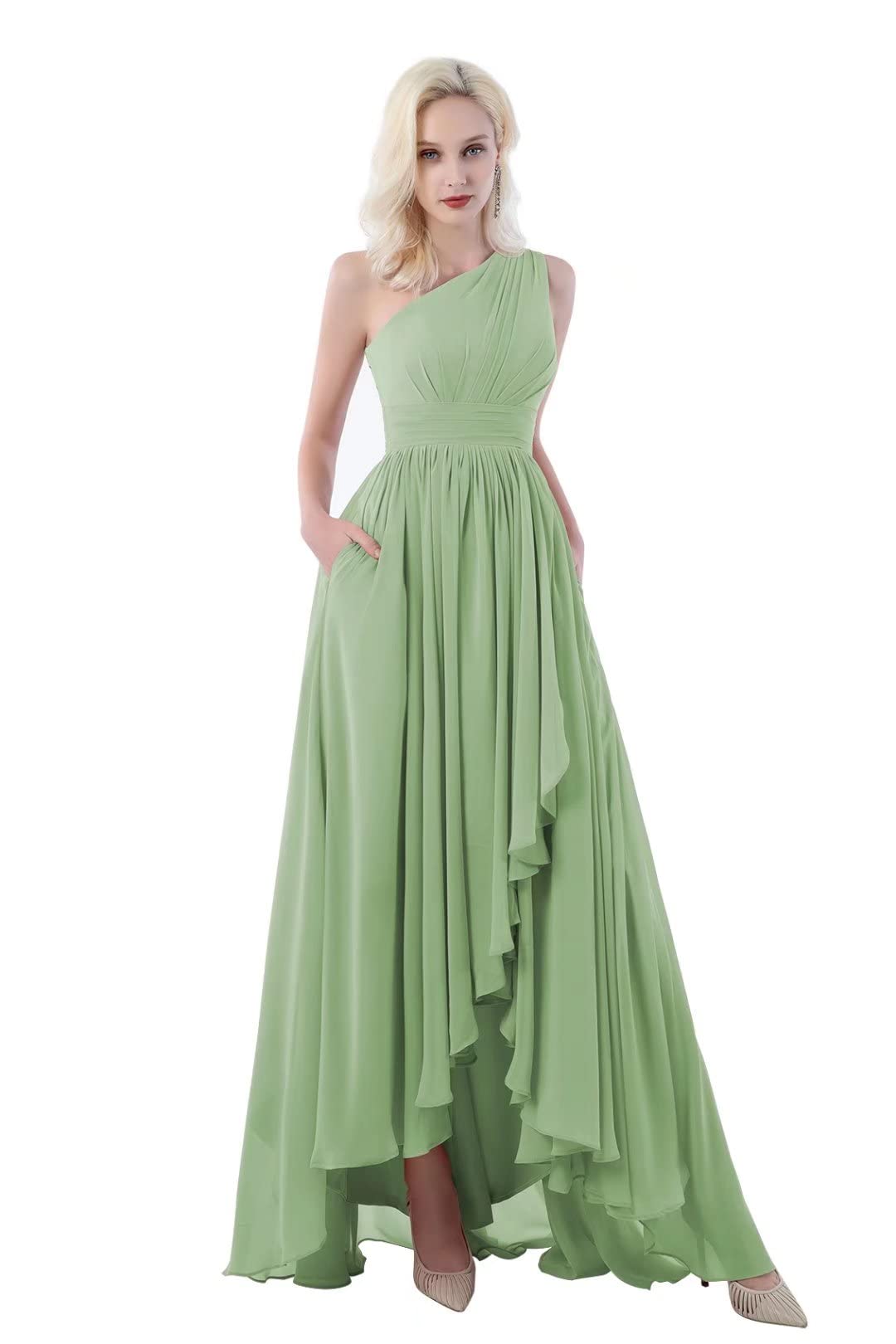 TORYEMY One Shoulder Chiffon Bridesmaid Dress with Pockets - High-Low Hem Pleated Prom Gown for Weddings, Parties & Special Occasions