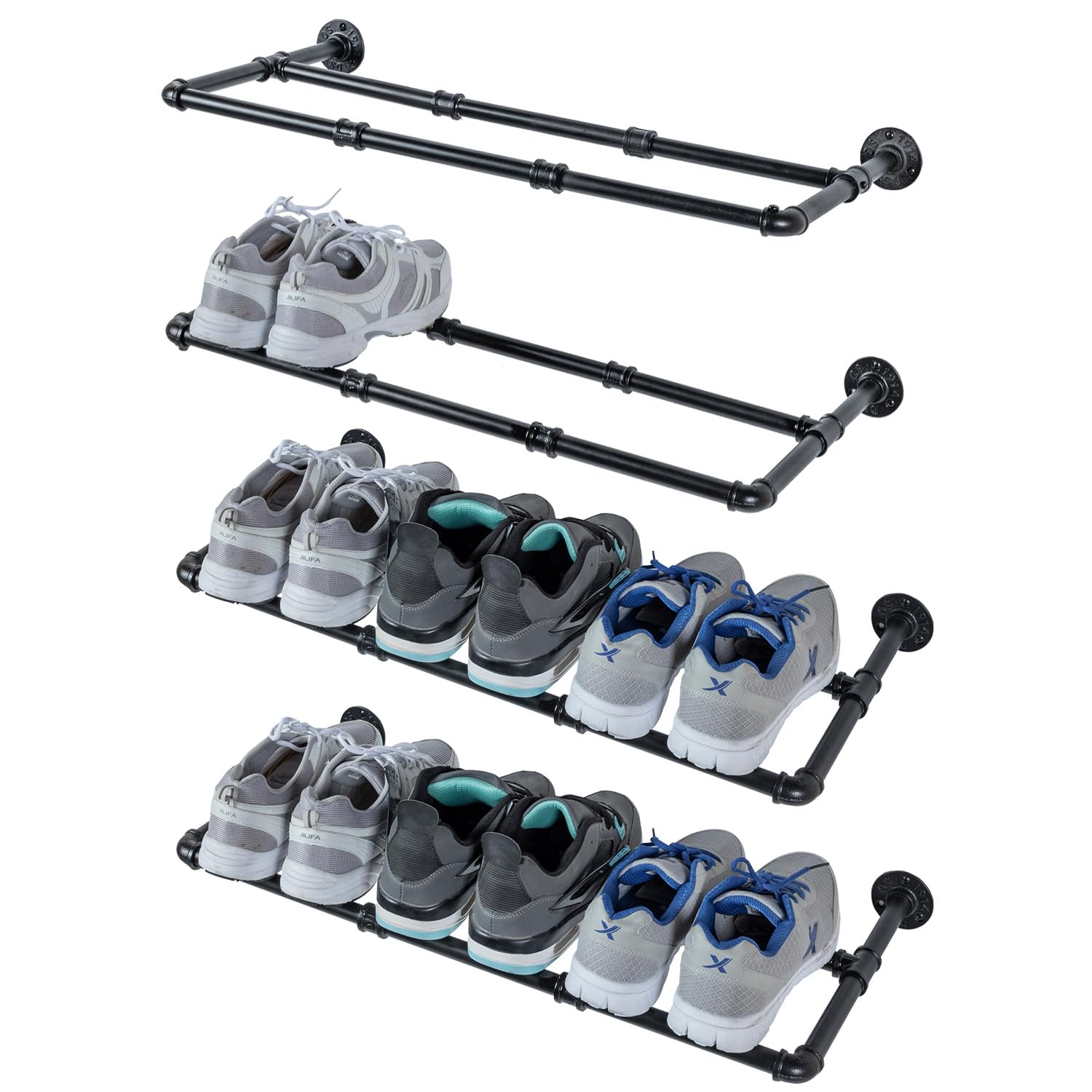 MyGift Set of 4 Industrial Matte Black Metal Pipe Shoe Rack Organizer - Wall Mounted Space Saving Boot Shelf for Entryway, Closet & Mudroom - Holds 12 Pairs of Shoes - Perfect for Small Spaces & Shoe Storage Organization
