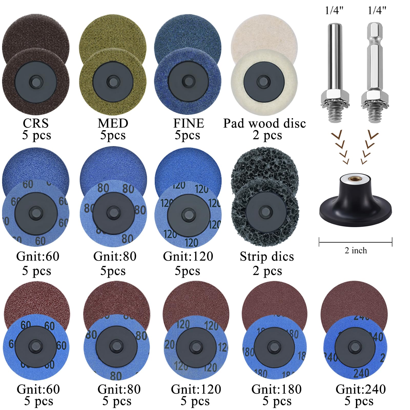 60pcs 2-Inch Quick Change Sanding Discs Set with 1/4