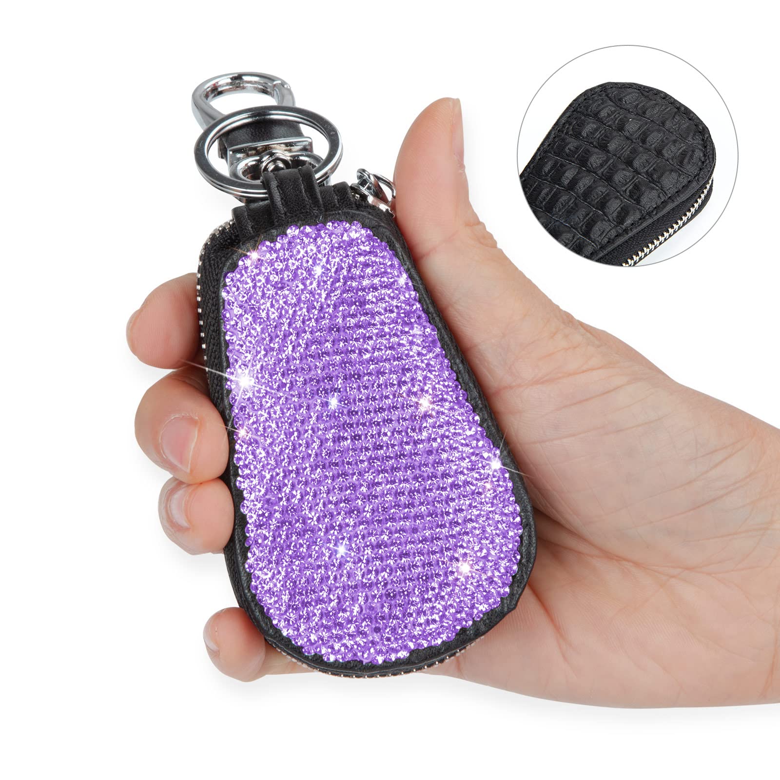 5-Pack Purple Leather Car Key Case with Metal Hook & Keyring - Zipper Pouch for Remote Key Fobs, Bling Keychain Holder - Women's Handbag Charms & Purse Accessories (Great for Key Organization & Gift Giving)
