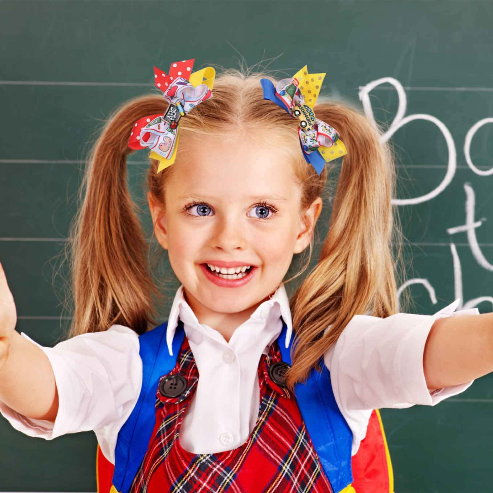 Whaline 4Pcs Colorful Back to School Hair Clips - Apple, School Bus & Blackboard Grosgrain Ribbon Barrettes for Girls | First Day of School, Kindergarten & Classroom Accessories | Perfect for School Photos, Parties & Everyday Wear