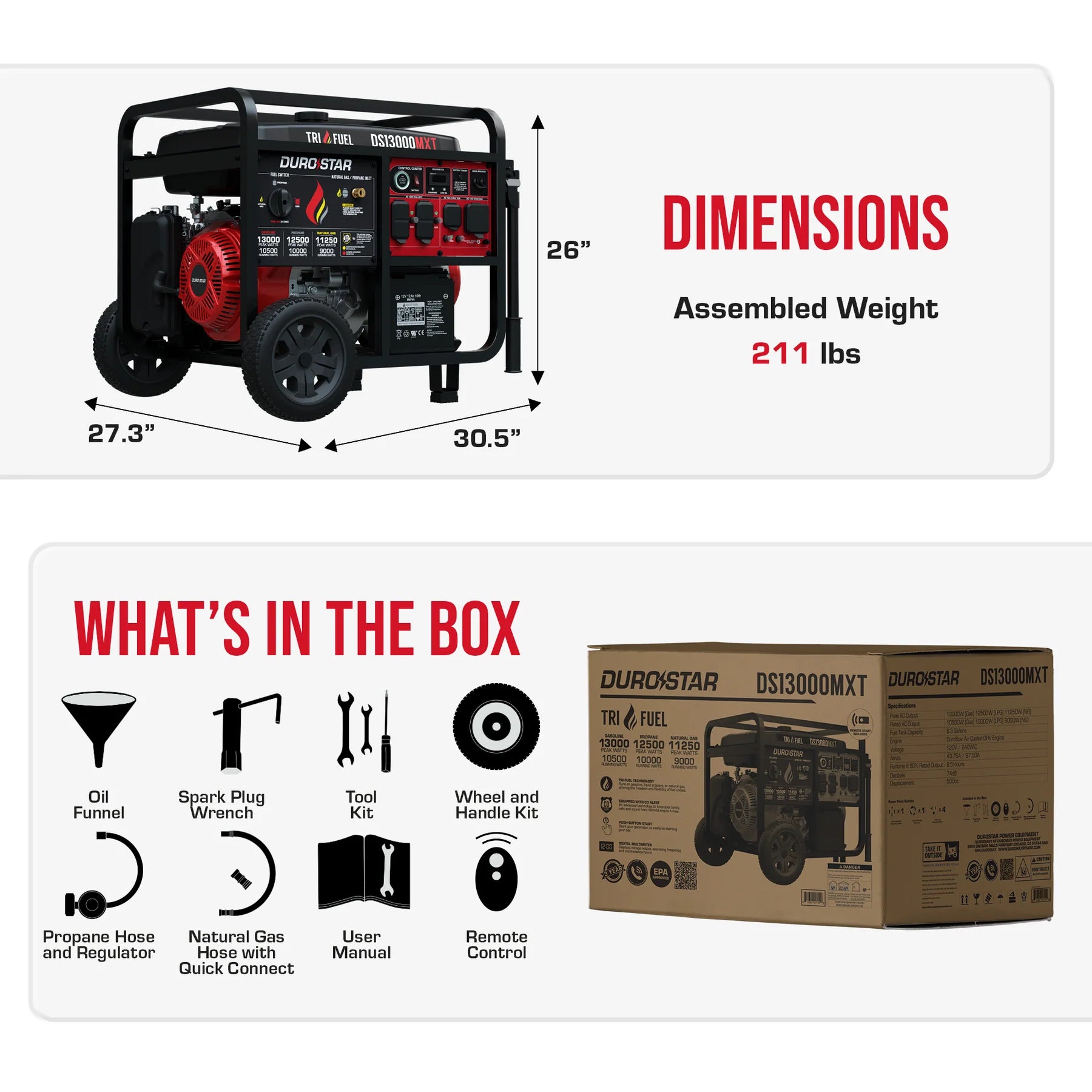 DuroStar DS13000MXT 10500W/13000W Portable Generator - Tri Fuel (Gas/Propane/Natural Gas) with 50 Amp Output, CO Alert & Remote Start - Ideal for Home Backup Power, Camping & Emergency Use