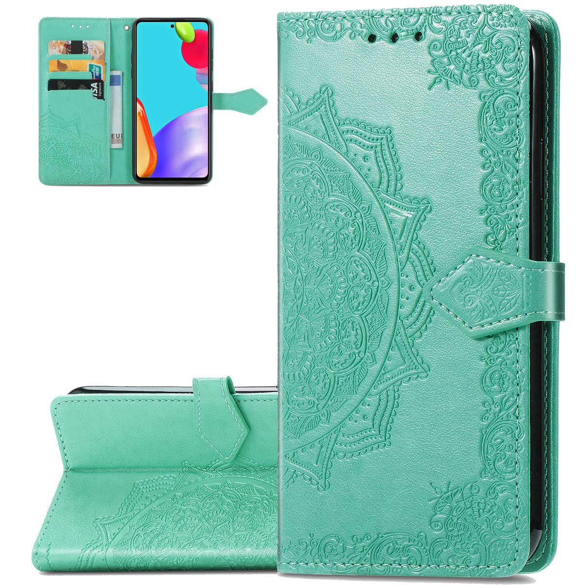 Samsung Galaxy A72 Wallet Case - Mandala Embossed PU Leather Magnetic Flip Cover with Kickstand, Card Slots & Cash Pocket | Protective Phone Case for Samsung A72 (MTL Green) | Perfect for Work, Travel & Everyday Use