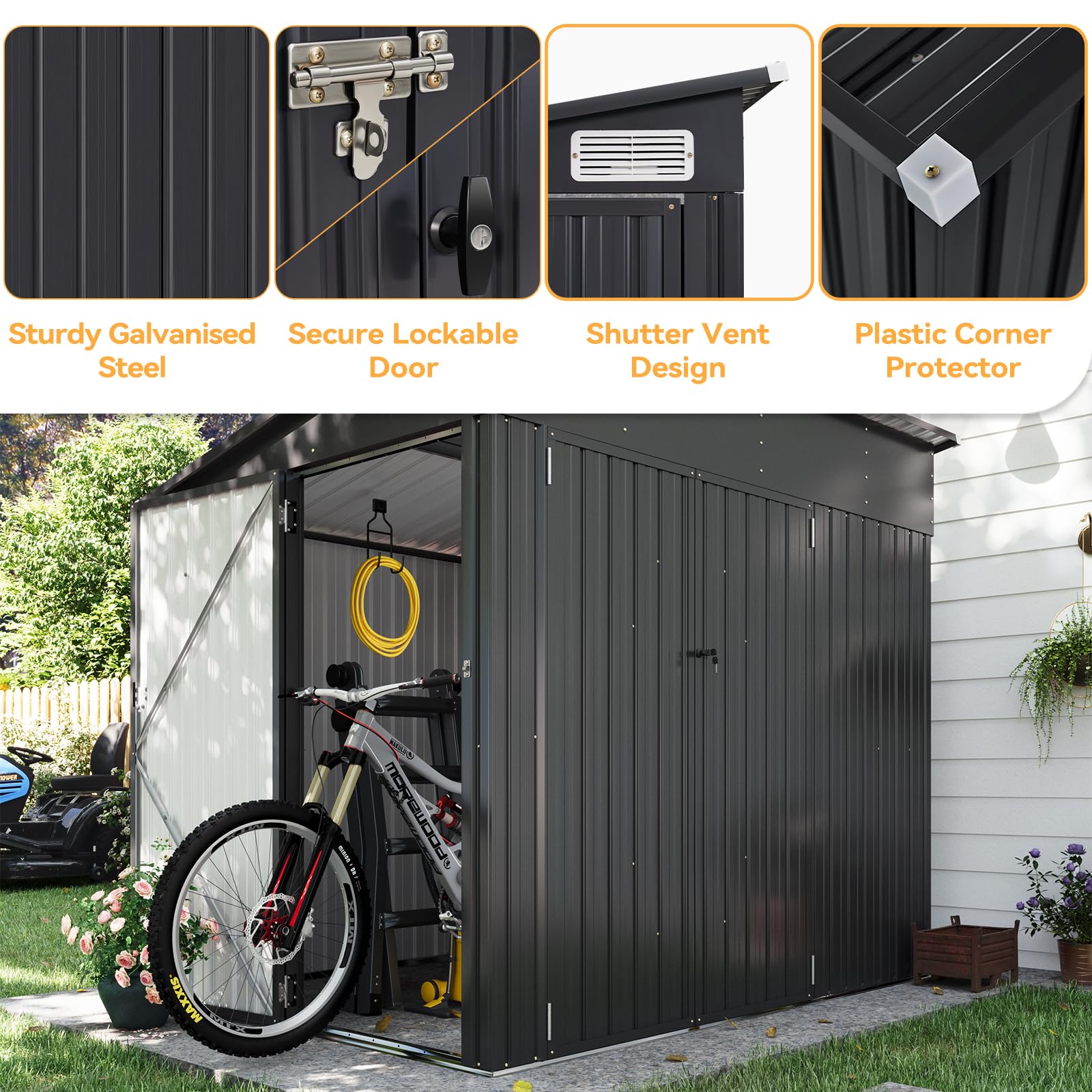 Aoxun 7.5'x5.5' Outdoor Metal Storage Shed with Triple Lockable Doors & Sloping Roof - Heavy Duty Garden Shed for Tools, Bikes, Lawn Equipment - Perfect for Backyard, Patio, Courtyard & Garage Storage