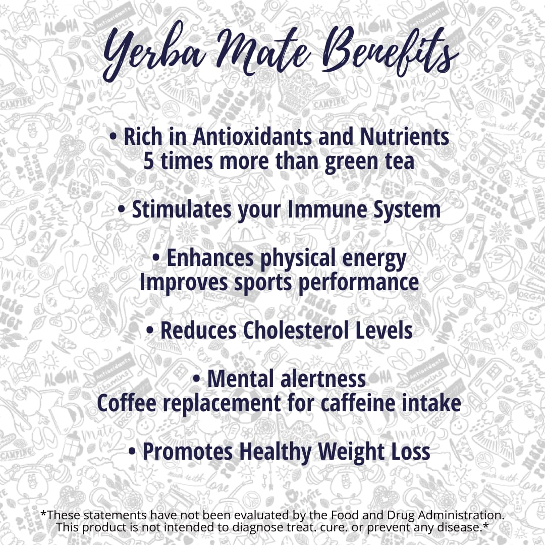 Organic Yerba Mate Tea Set - 1lb Bag, Silver Straw & Brush - High Caffeine Energy Booster for Workouts & Focus