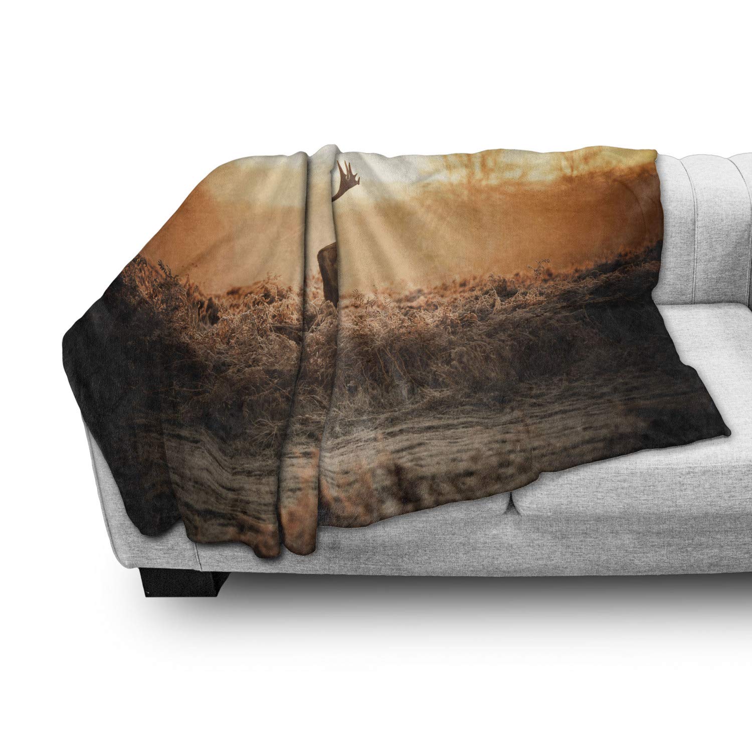 Ambesonne Hunting Throw Blanket - Red Deer in Morning Sun Wilderness Nature Scenery, Soft Flannel Fleece Accent Blanket (50x60 Inches, Brown Orange) - Perfect for Couches, Beds, Cabins & Outdoor Adventures