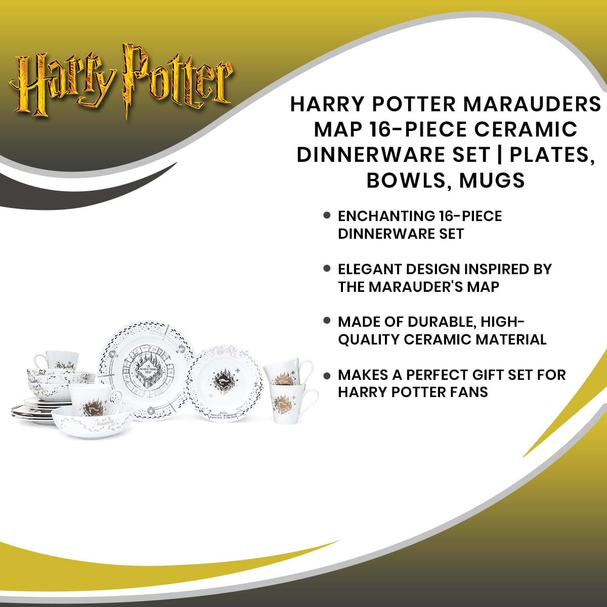 Harry Potter Marauders Map 16-Piece Ceramic Dinnerware Set | Hogwarts-Themed Dish Set for 4 People | Includes Dinner Plates, Salad Plates, Bowls & Mugs | Perfect for Themed Parties, Movie Nights & Potterhead Collectors