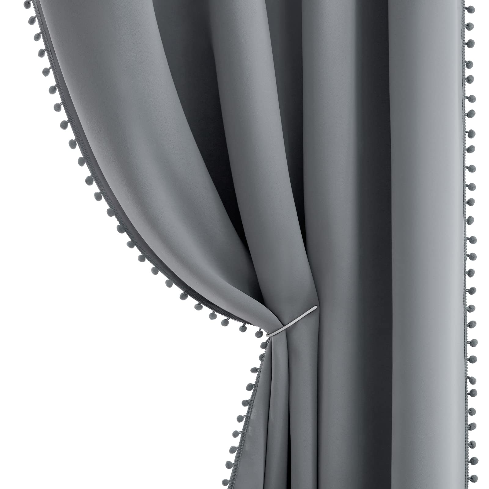 HOMEIDEAS Grey Pom Pom Blackout Curtains 52x84 Inches - Thermal Insulated Room Darkening Window Drapes with Grommet Top, Soft Noise Reducing Nursery Curtains for Kids Bedroom, Living Room & Nursery (Set of 2 Panels) - Perfect for Light Blocking, Privacy & Home Decor