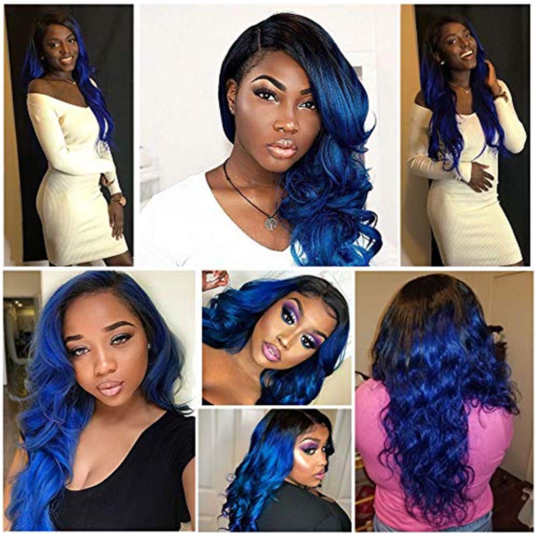 Ombre Hair Bundles 1B/Blue - Brazilian Remy Human Hair Extensions - Body Wave 2-Tone Ombre (16