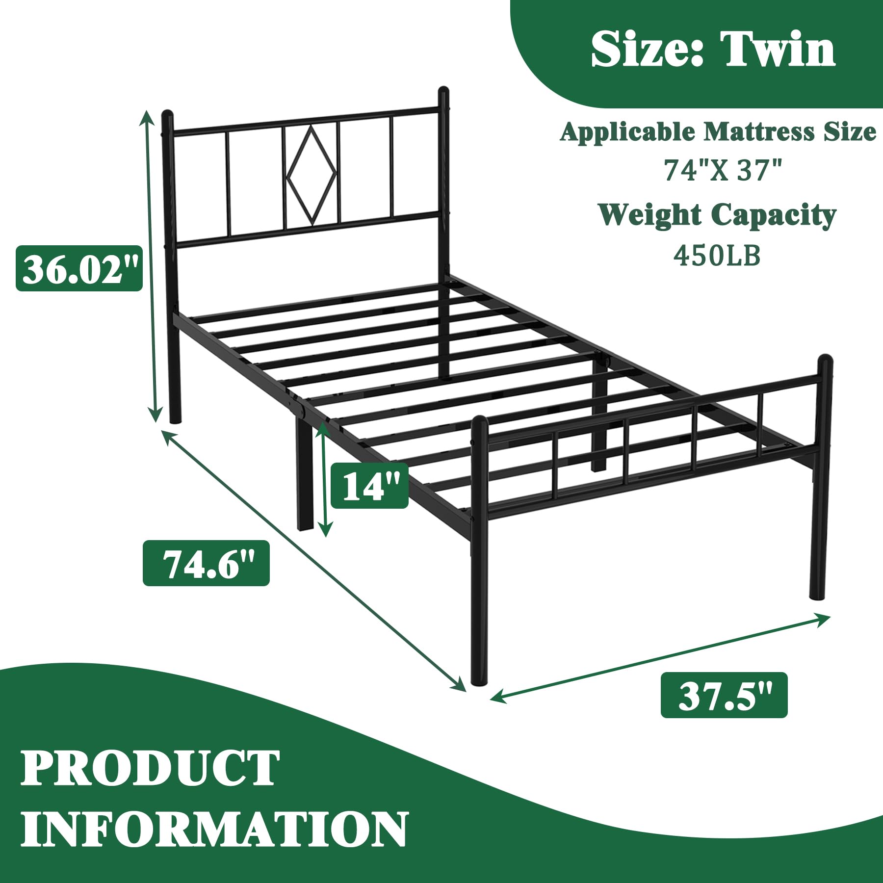 14 Inch Twin Size Bed Frame with Headboard & Footboard - Sturdy Metal Slats, Under Bed Storage, No Box Spring Needed - Quiet & Easy Assembly - Black - Perfect for Kids Rooms, Guest Beds & Small Spaces