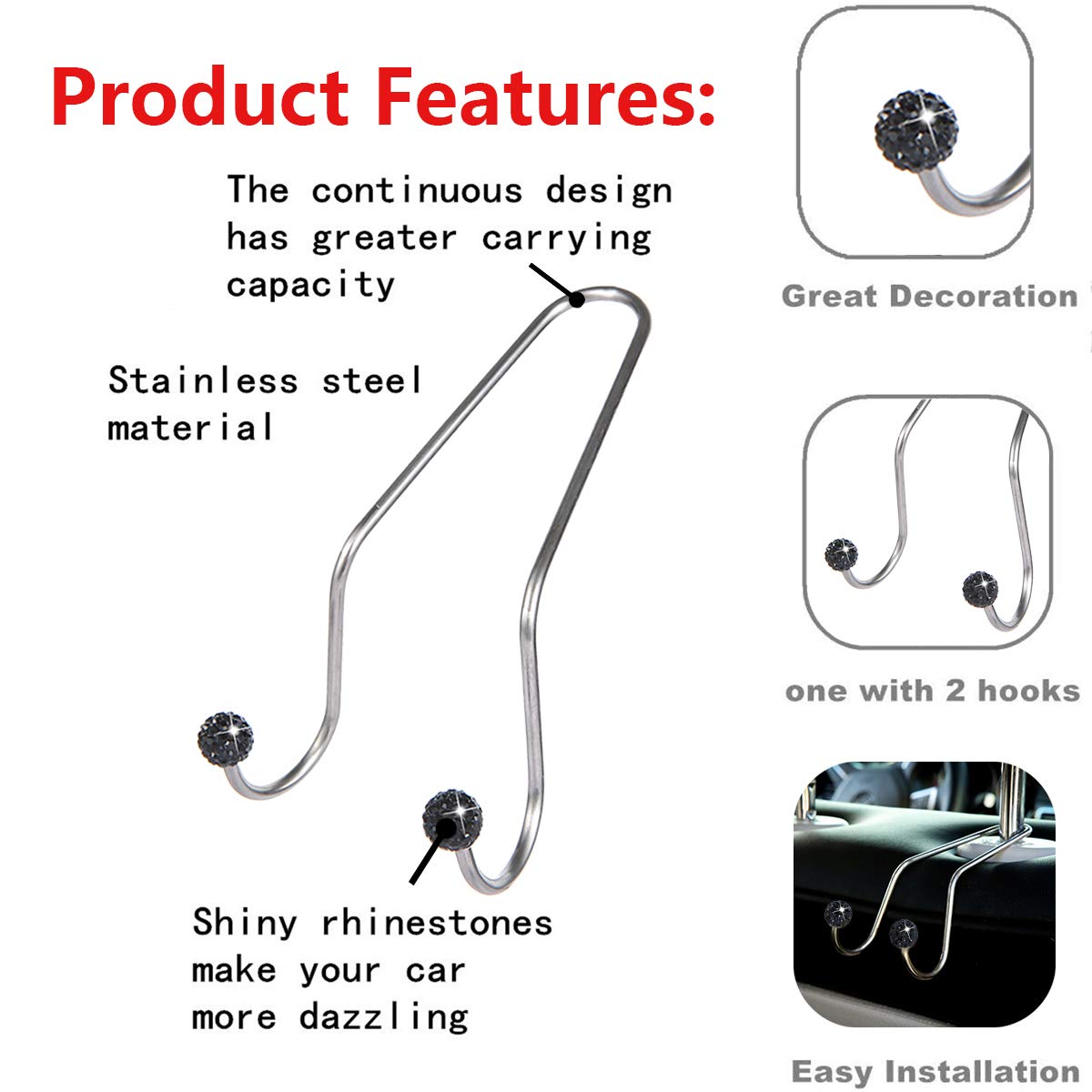 Bling Car Seat Hooks - Rhinestone Universal Headrest Hangers for Purses, Bags & Organizers | Durable Auto Backseat Storage Hooks (Black) | Perfect for Road Trips, Shopping & Daily Commute
