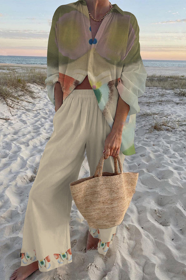 Tie Dye Butterfly Print Oversized Shirt & Elastic Waist Pocket Pants Set - Women's Boho Chic Loungewear for Casual Outings, Beach Cover-Up, and Festival Fashion