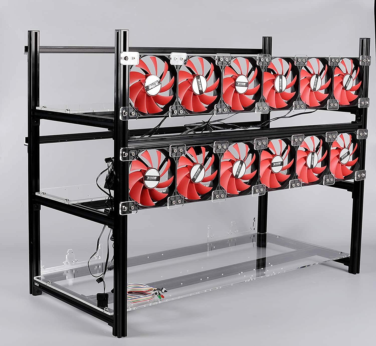 High-Performance HLL 14 GPU Open Air Mining Rig Frame - Aluminum Case with 12 Cooling Fans for ETH, ZEC, LTC Cryptocurrency Mining - Durable Black Design - Perfect for Home & Commercial Crypto Mining Operations