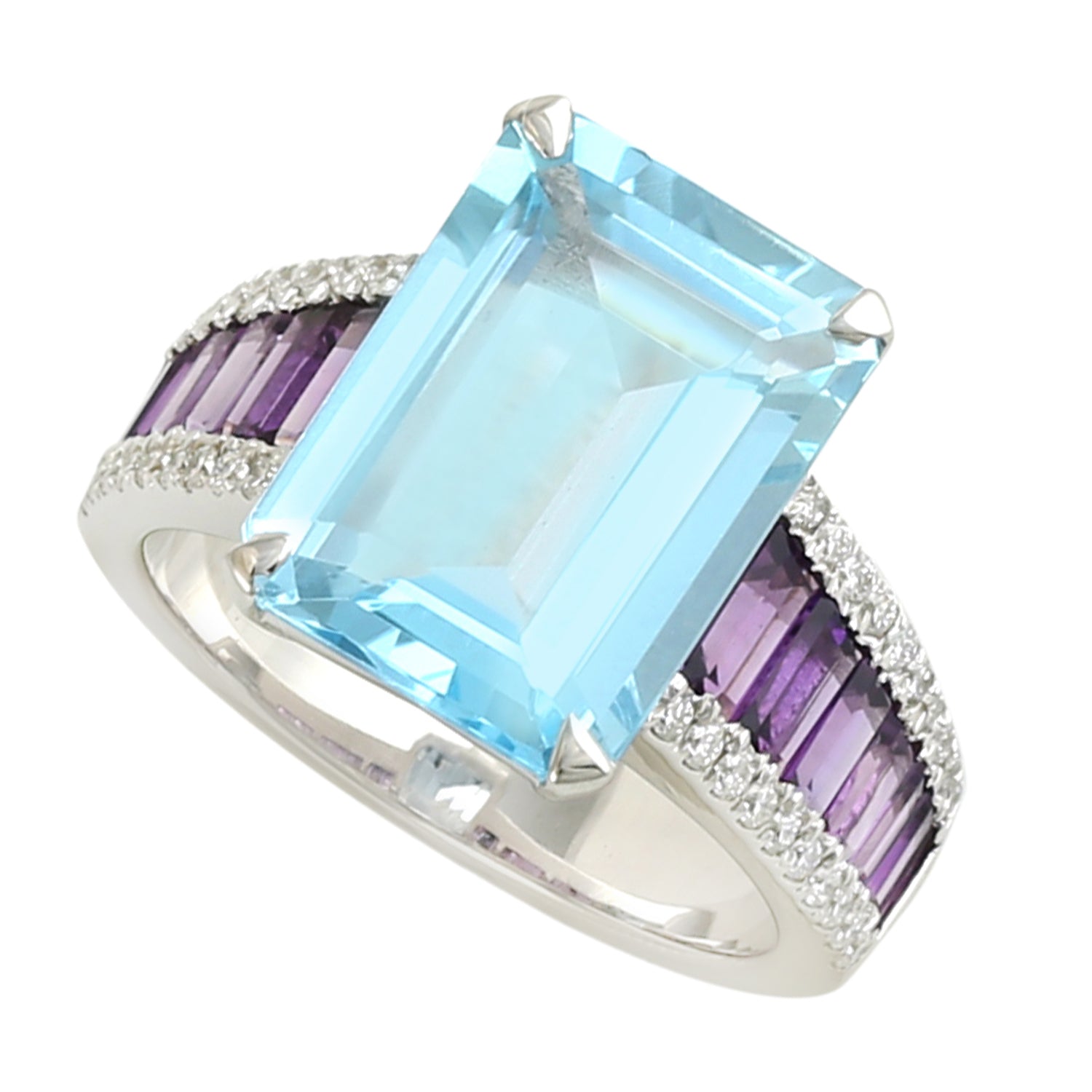 Blue Topaz Channel Set Baguette Amethyst Pave Diamond White Gold Cocktail Ring - Elegant Jewelry for Women, Perfect for Parties, Weddings & Special Occasions