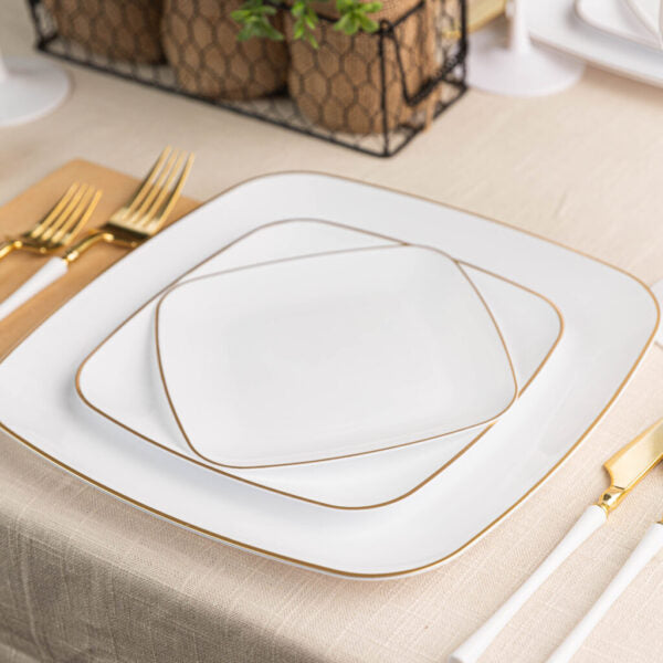 10-Pack White & Gold Square Plastic Plates - BPA-Free, Eco-Friendly Disposable Dinnerware for Parties, Picnics & Outdoor Events