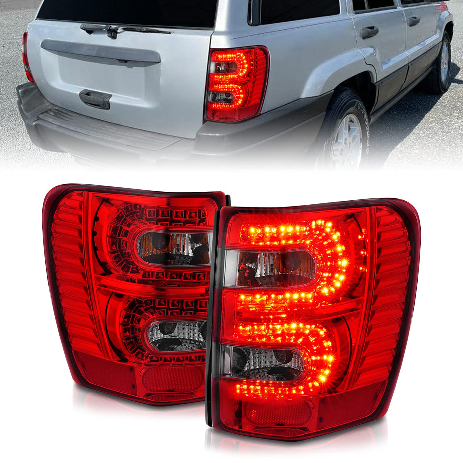 AmeriLite LED Tail Lights Assembly for 1999-2004 Jeep Grand Cherokee - Left & Right Side (Red/Smoke) - Durable & Bright Replacement Lights for Enhanced Night Driving Safety