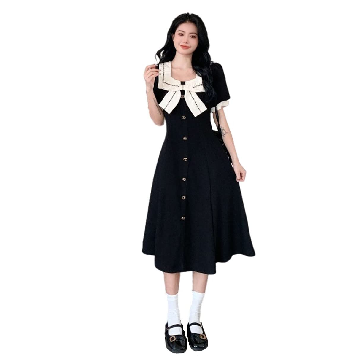 Vintage French Black Dress for Women - Hepburn Style Square Neck with Bow - Elegant Retro Large Size - Perfect for Parties, Weddings & Formal Events