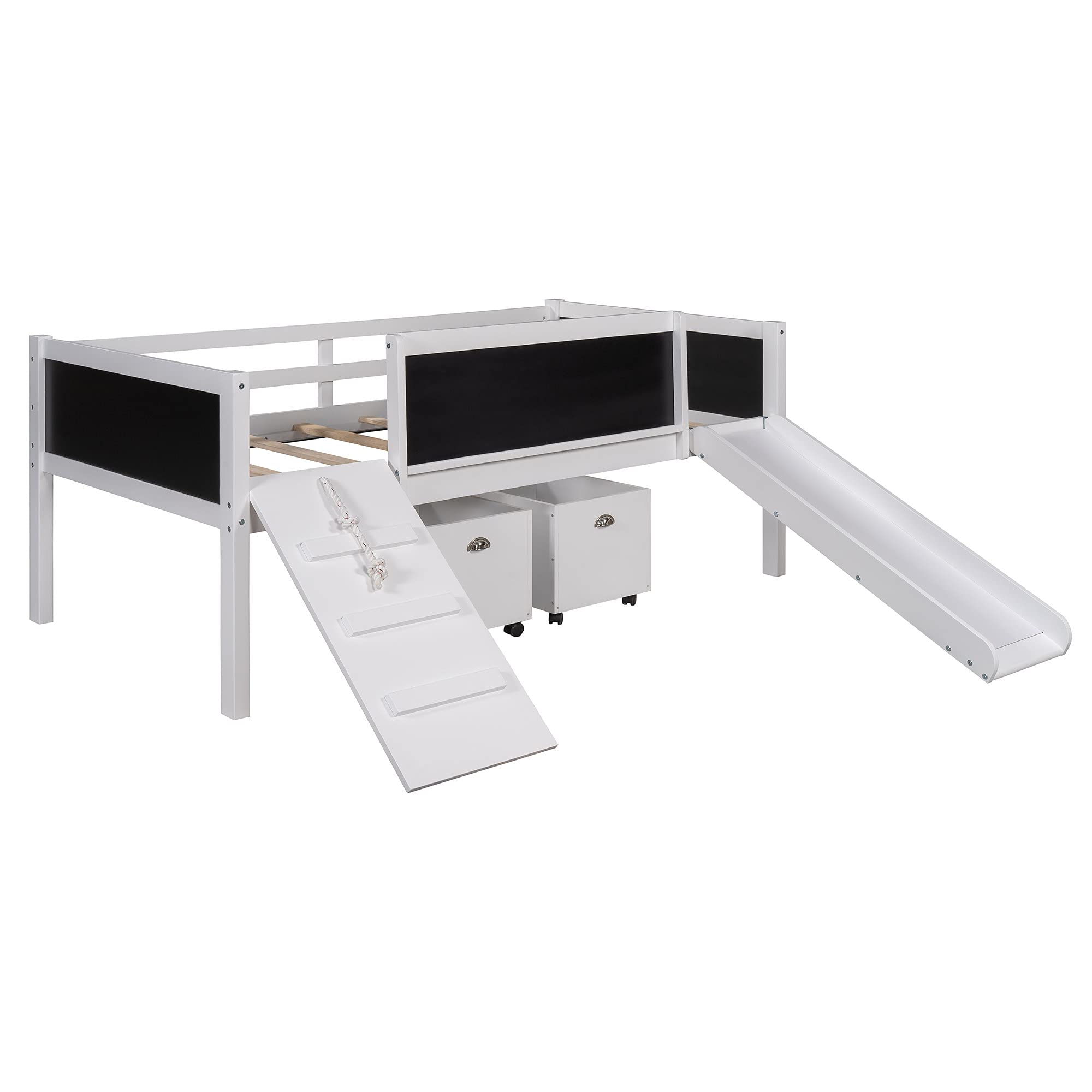 **White Twin Loft Bed with Slide for Kids & Toddlers - Wooden Low Loft Bed with Open Storage Boxes, Climbing Frame & Chalkboard - Perfect for Small Rooms, Playrooms & Shared Kids' Bedrooms**